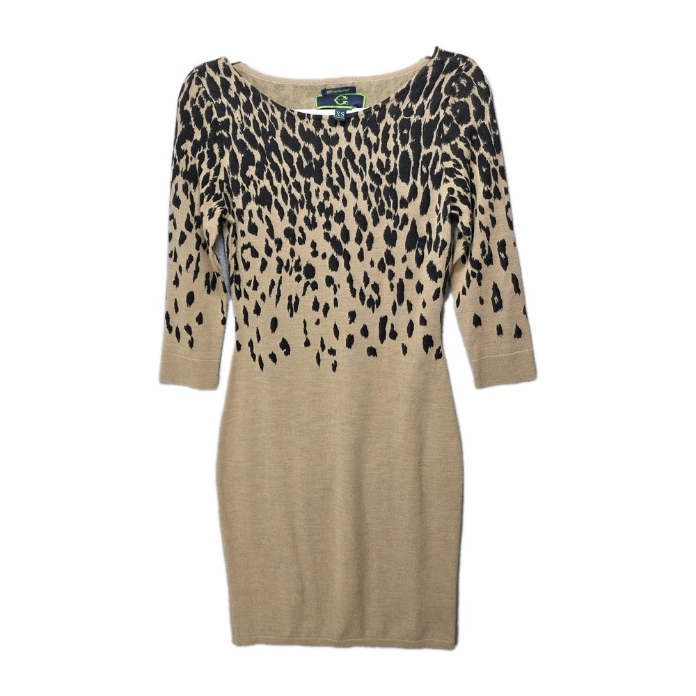 Wonder Merino Wool Sweater Dress Womens XS Merino Wool Long Sleeve Knit Leopard